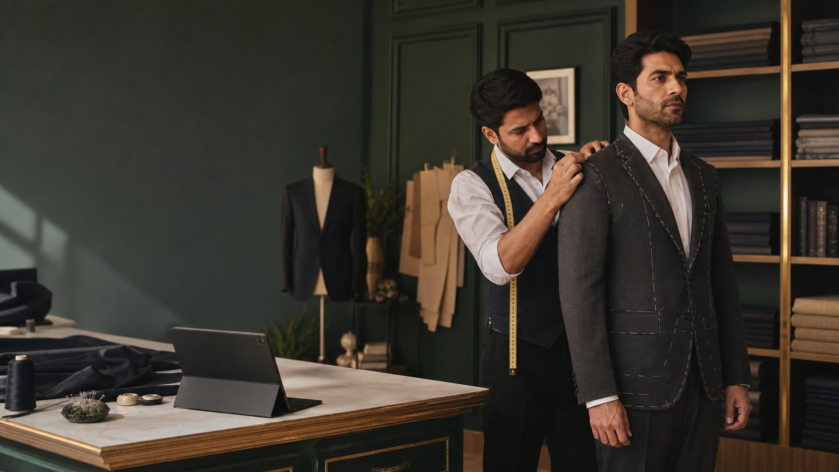 Professional gents tailor fitting a bespoke suit