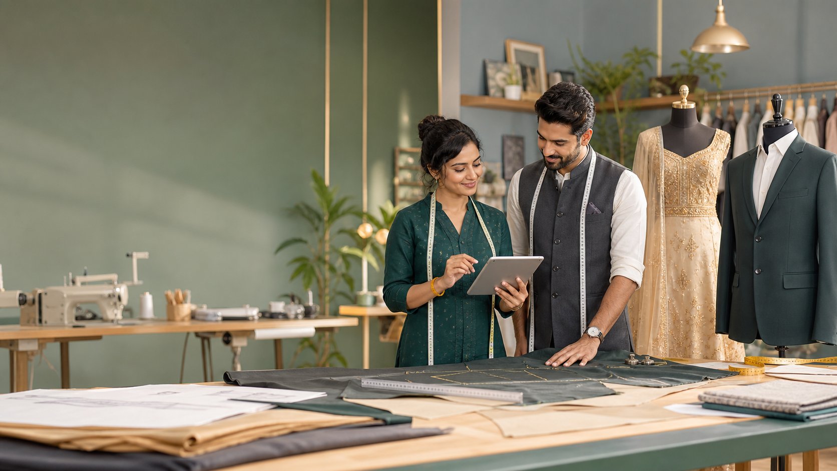 Lady and gent tailors managing work together in a modern studio